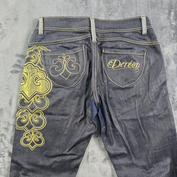 Dereon Jeans Womens 5/6 Dark Wash Skinny Snap Leg Gold Embroidered Logo - Picture 4 of 16